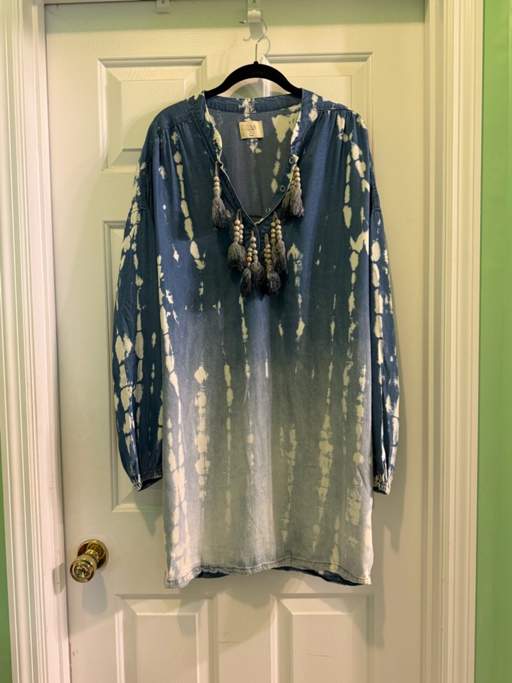 Anthropologie Tina Jo Blue Tie-Dye Tassel Button Tunic